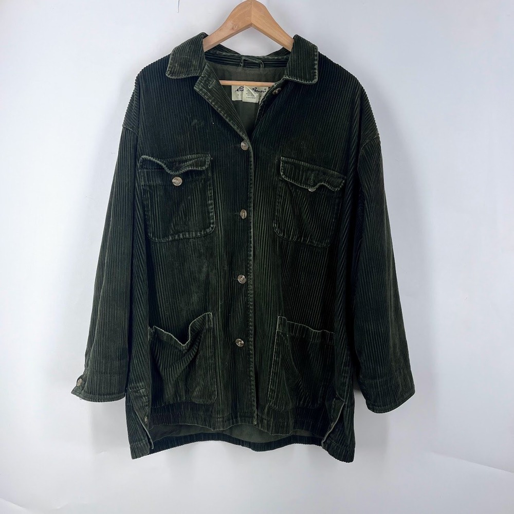Eddie Bauer Forest Green Corduroy Shirt Jacket Women XL Petite Button Front Coat